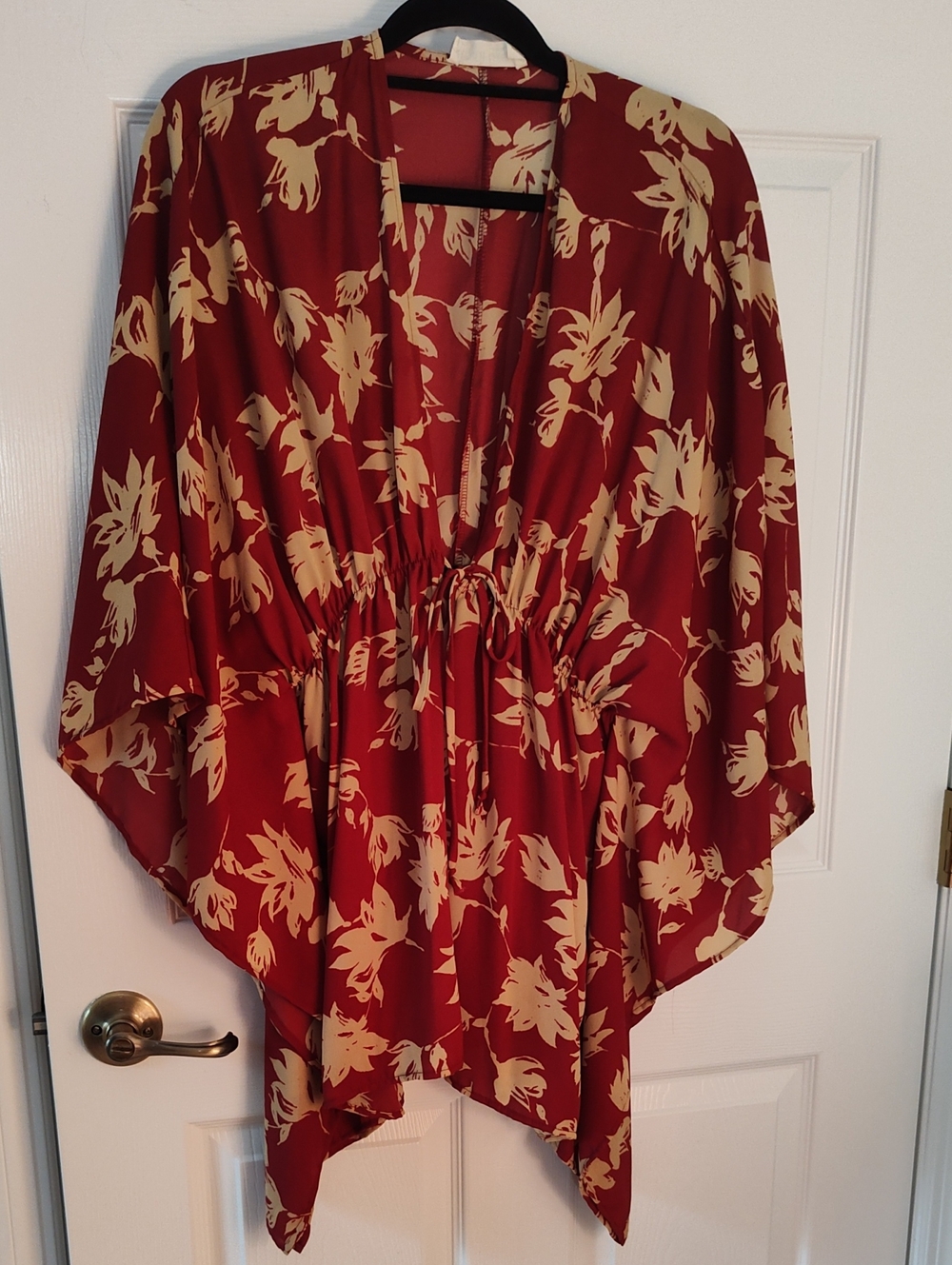 Peach Love California Red Floral Kimono Tunic - Cream Print
